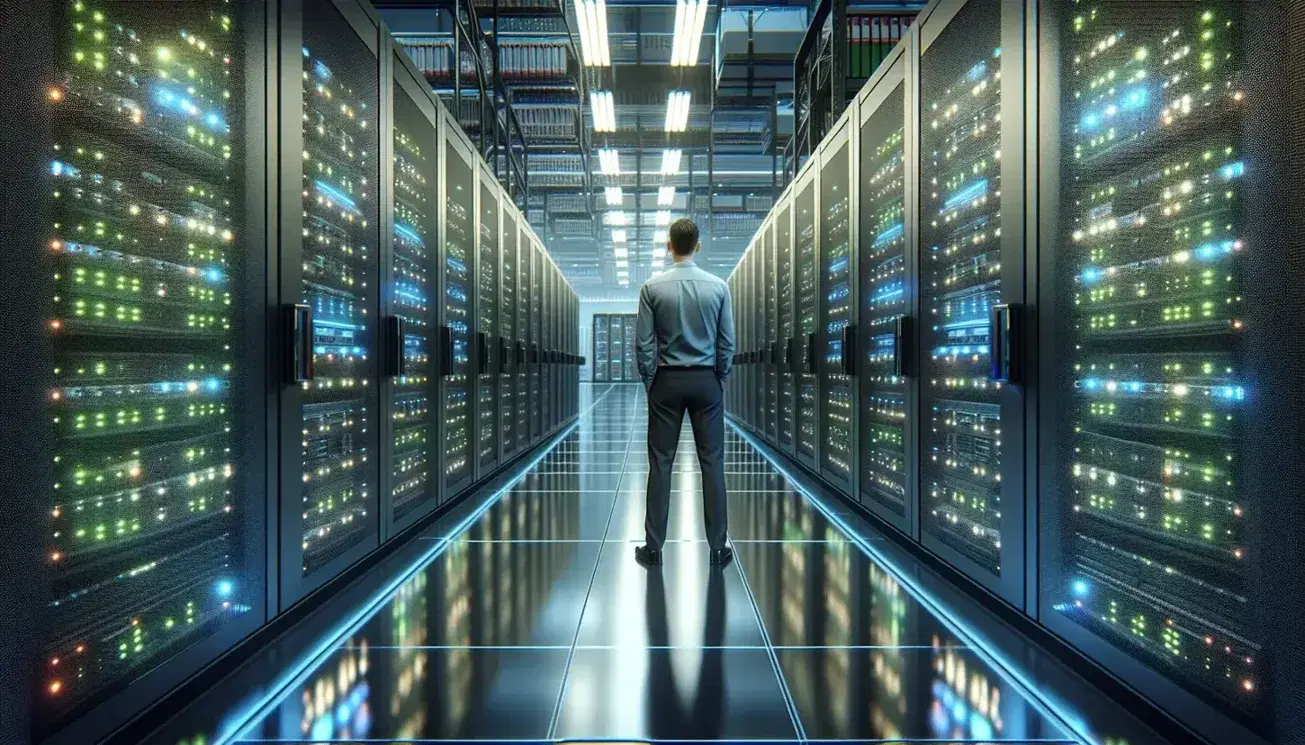 Modern data center with rows of servers illuminated by green and blue LEDs, glass passage, person in business attire and organized colorful cables.