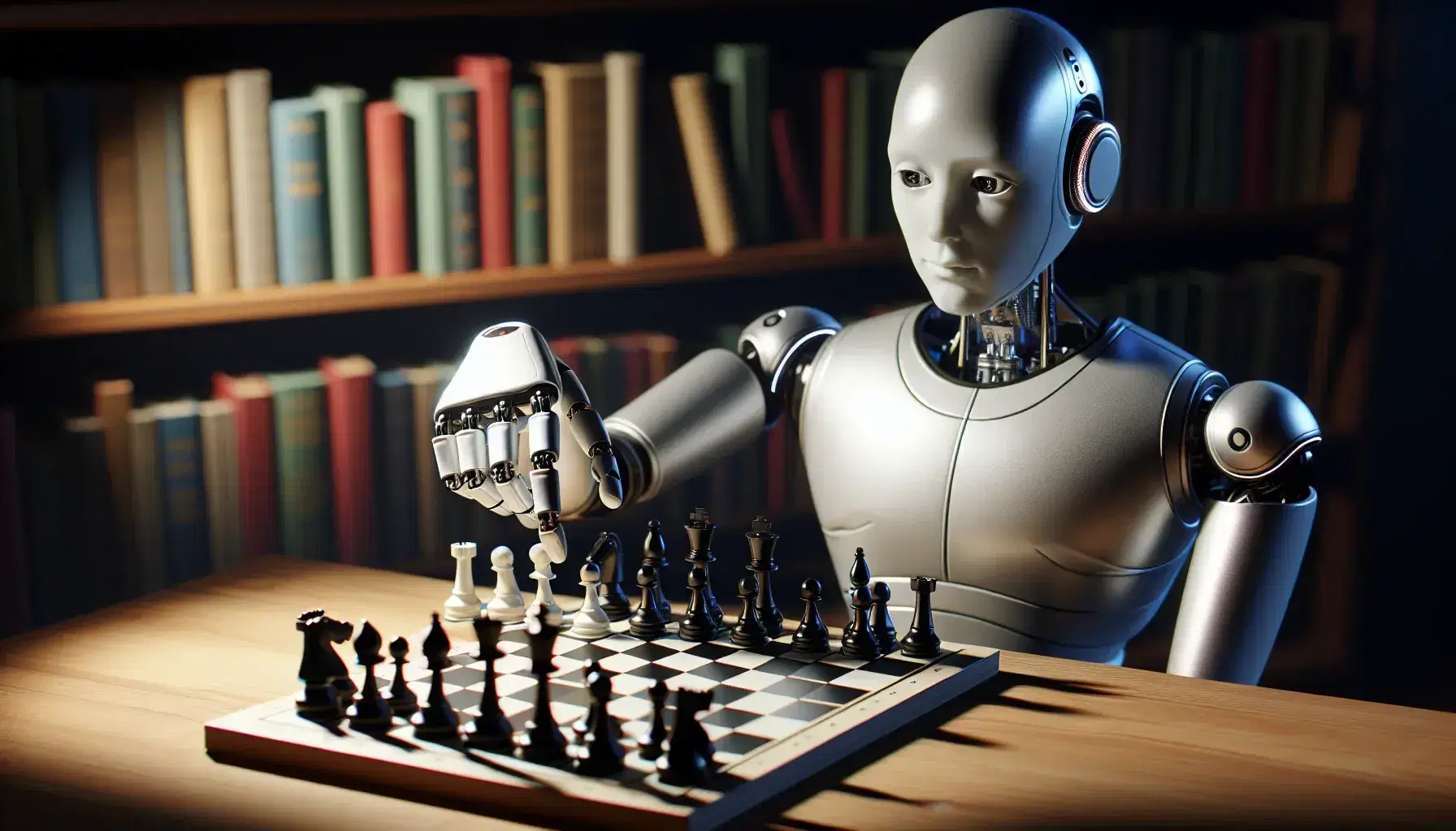Humanoid robot sitting at a desk plays chess, with hand on white pawn and blurry library background.