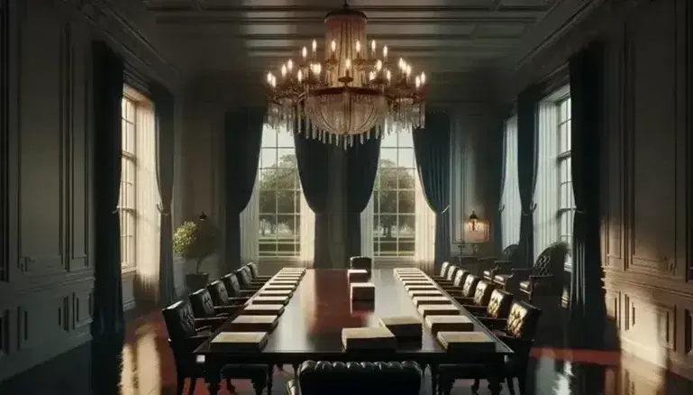 Elegant meeting room with a long dark wood table, high-back leather chairs, and a glass-brass chandelier, with arched windows overlooking a lawn.