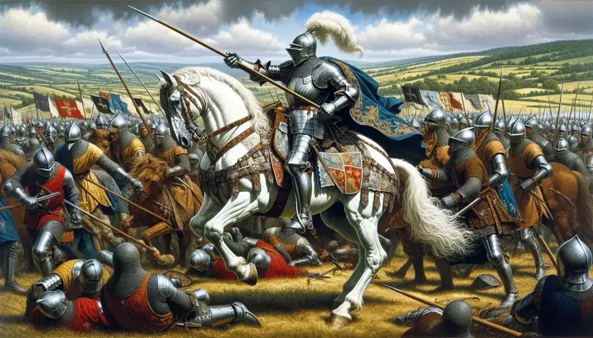 Cavaliere in armatura su cavallo bianco con lancia in battaglia medievale, circondato da guerrieri armati su colline verdi sotto cielo azzurro.