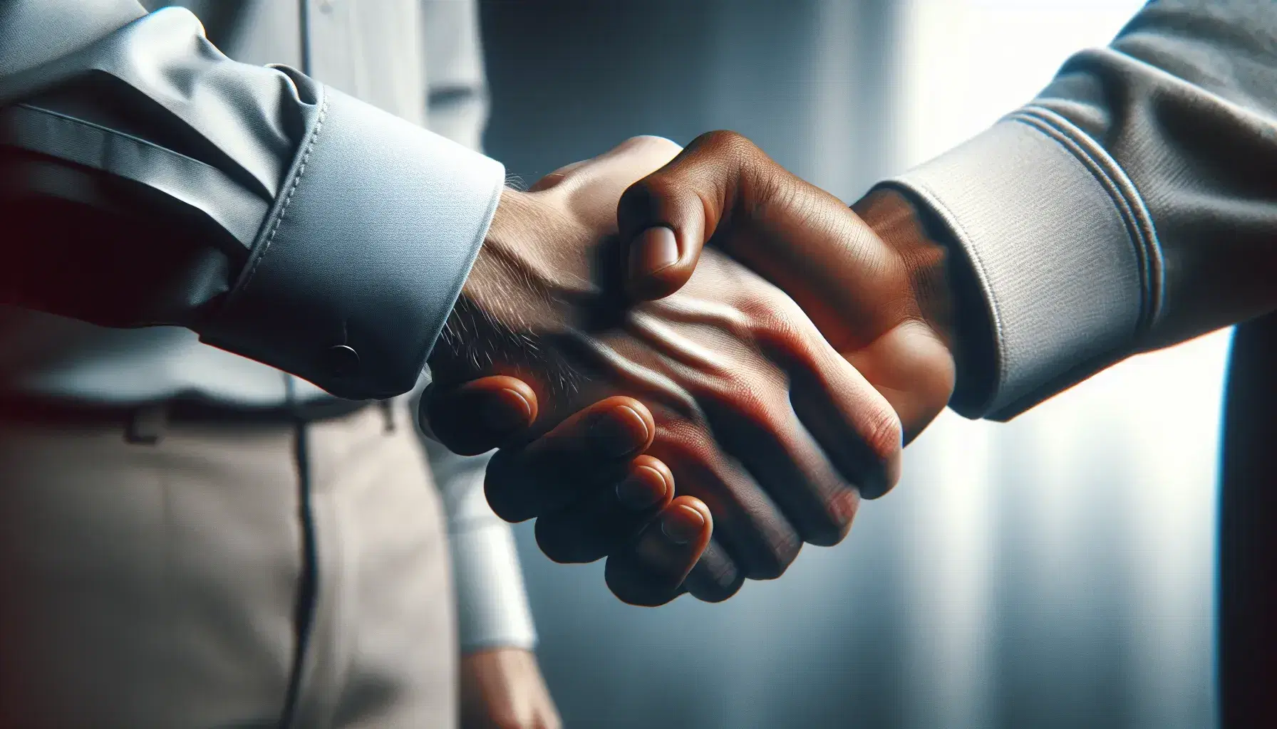 Apretón de manos firme entre dos personas con camisas de manga larga, una azul claro y otra blanca, simbolizando acuerdo y confianza sobre fondo neutro desenfocado.
