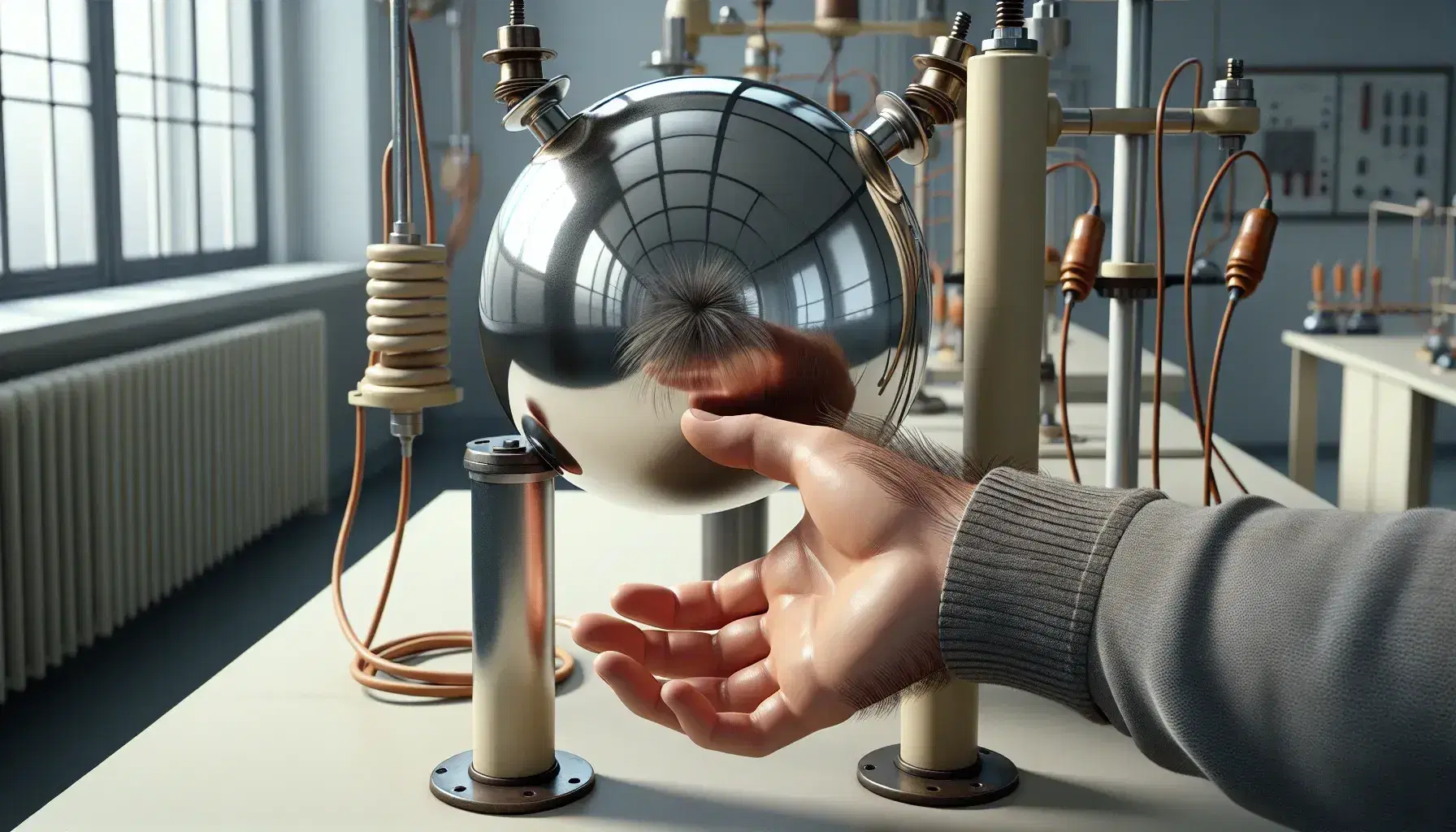 Van de Graaff generator in a lab with a person's hand nearby, hair on end from static electricity, surrounded by unmarked equipment.