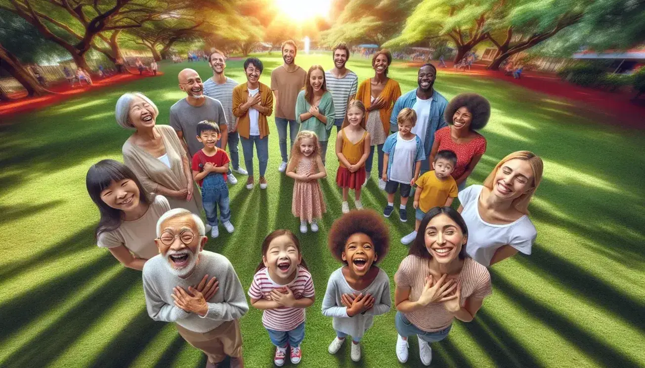Grupo diverso de personas expresando emociones en un parque soleado, con un niño sonriente en el centro y árboles verdes alrededor.