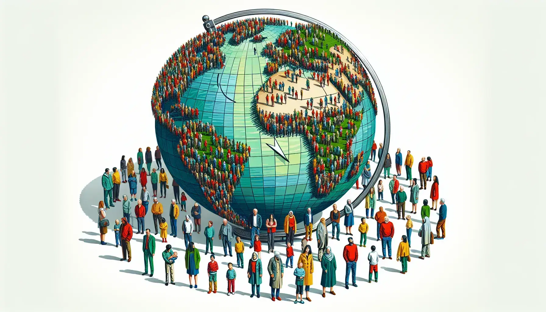 Gruppo multietnico su globo stilizzato con compasso da cartografo, riflettendo diversità e unità senza confini geografici specifici.