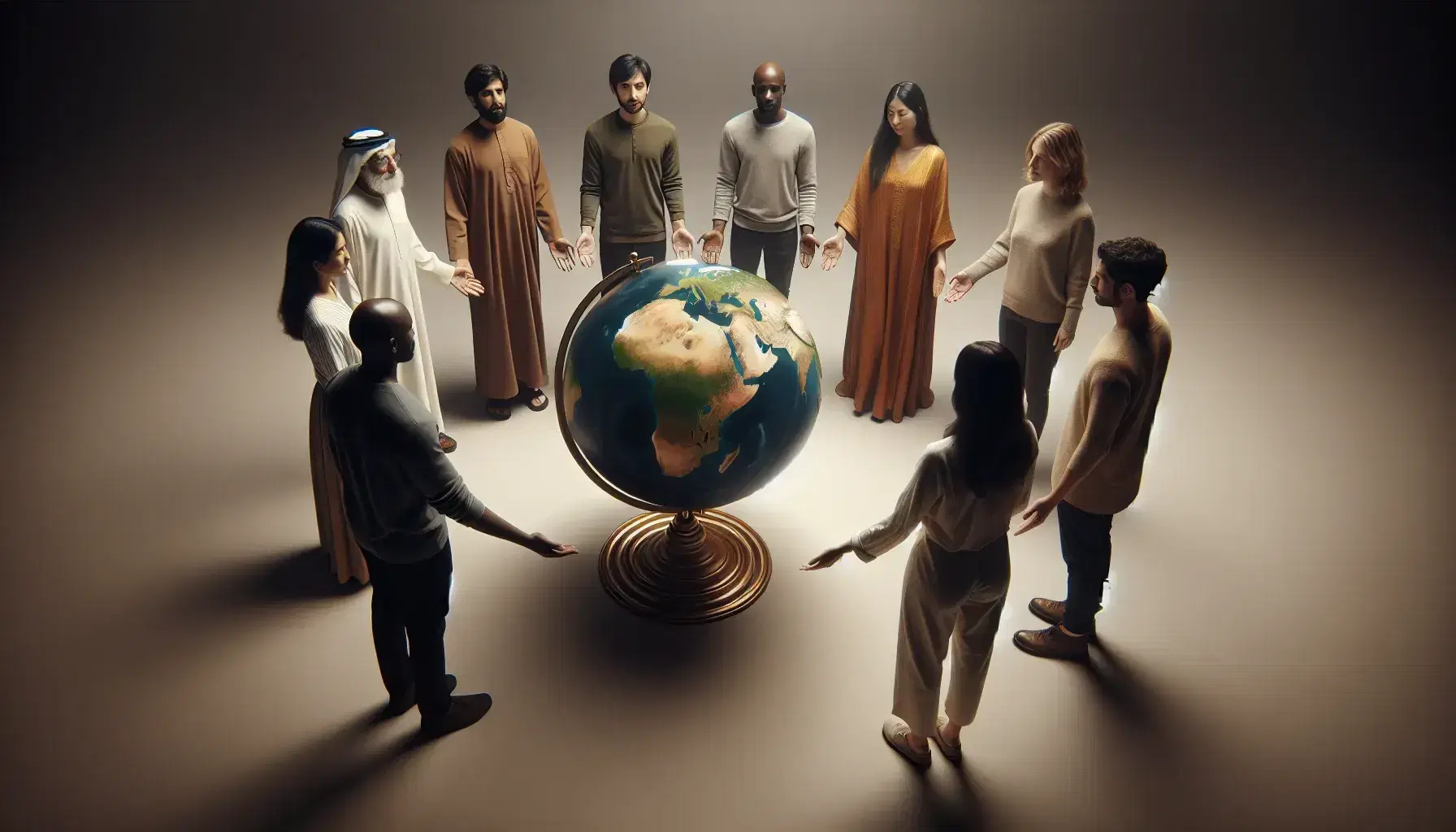 Men and women of different ethnicities in a circle around a globe, with their hands stretched out above it as a sign of unity and reflection.