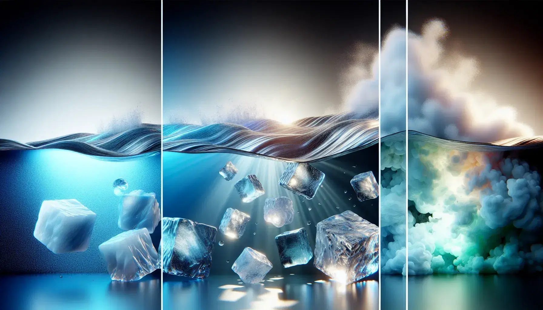 Stati fisici della materia rappresentati da cubetti di ghiaccio, superficie acquatica e vapore in una composizione orizzontale.