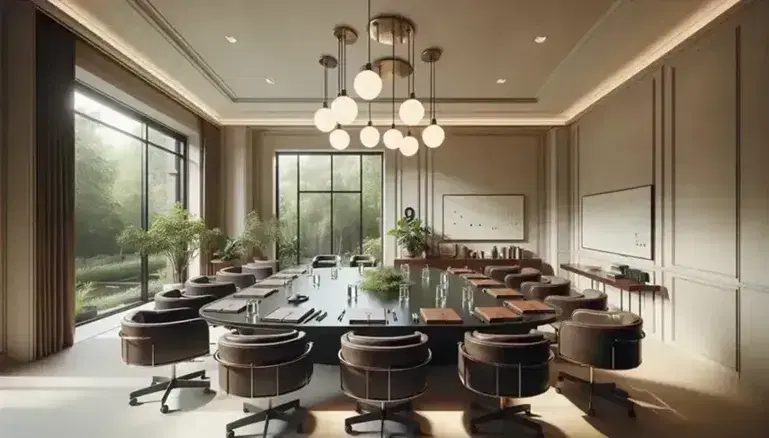 Sala de reuniones elegante con mesa ovalada de madera, sillas azul oscuro, portafolios y ventanal con vista a árboles.