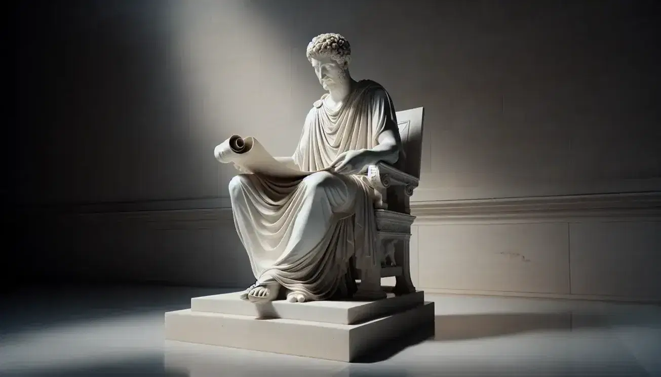 Estatua de mármol blanco de gramático romano antiguo sentado, con toga y sandalias, sosteniendo un pergamino en una mano y mirando hacia abajo.
