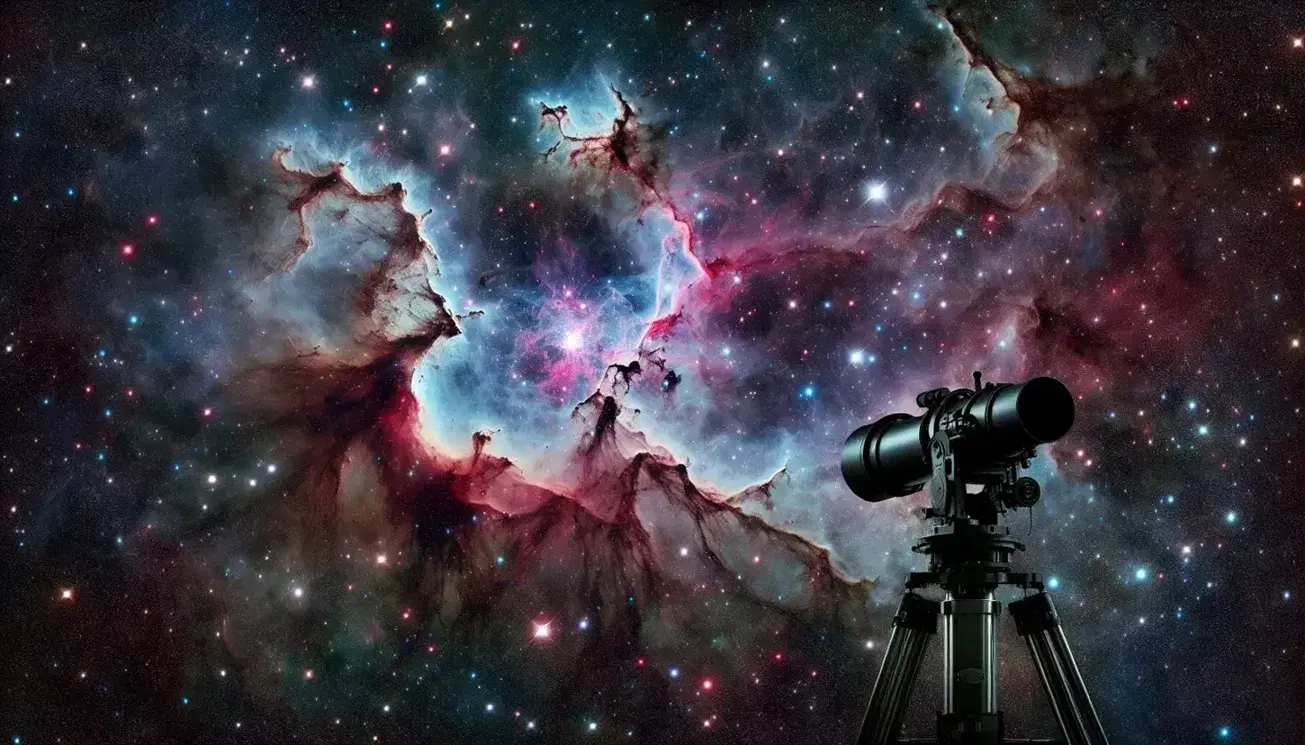 Cielo nocturno estrellado con nebulosa colorida en tonos de rosa, púrpura y azul, y silueta de telescopio observando.