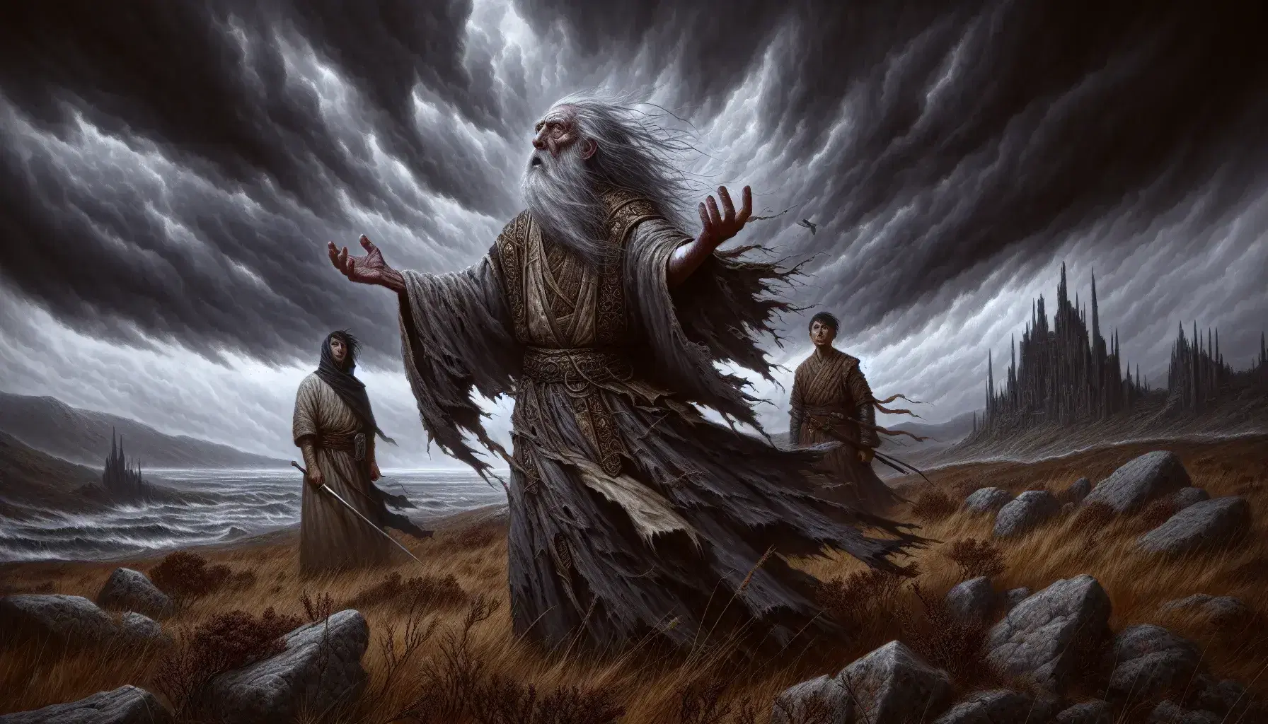Elderly man with white beard in tattered royal clothes raises arms to stormy sky, flanked by supportive Middle-Eastern man and armored Asian man, with distant castle.