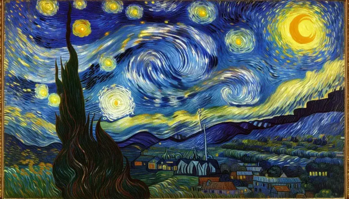 Riproduzione del dipinto 'Notte Stellata' di Van Gogh con cielo turbolento, stelle luminose, colline ondulate e cipresso alto.