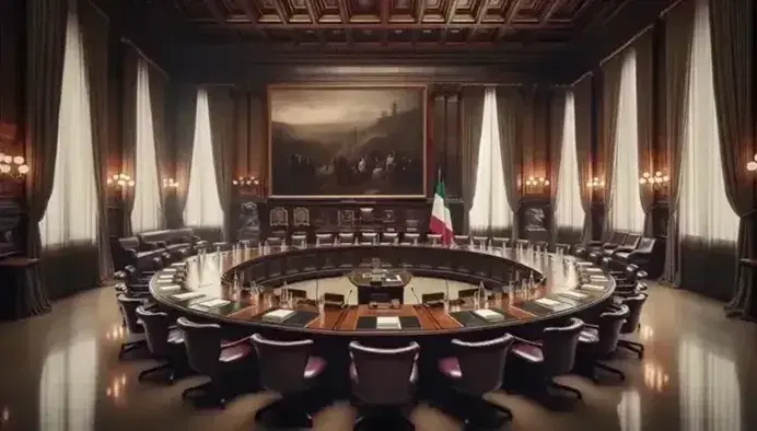 Sala riunioni istituzionale con grande tavolo ovale, sedie in pelle bordeaux, bandiera italiana e podio con microfono.