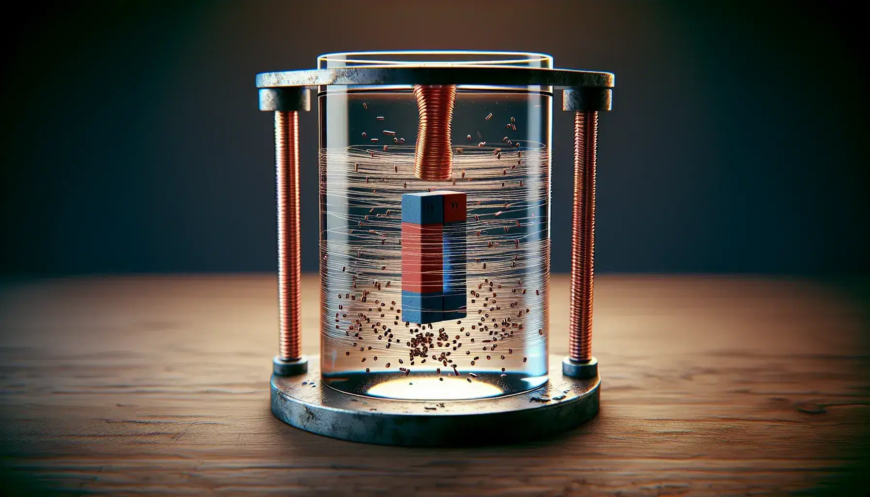 Scientific experiment with iron filings aligning to magnetic field lines in liquid around a red and blue bar magnet, near a brass compass on a wooden table.