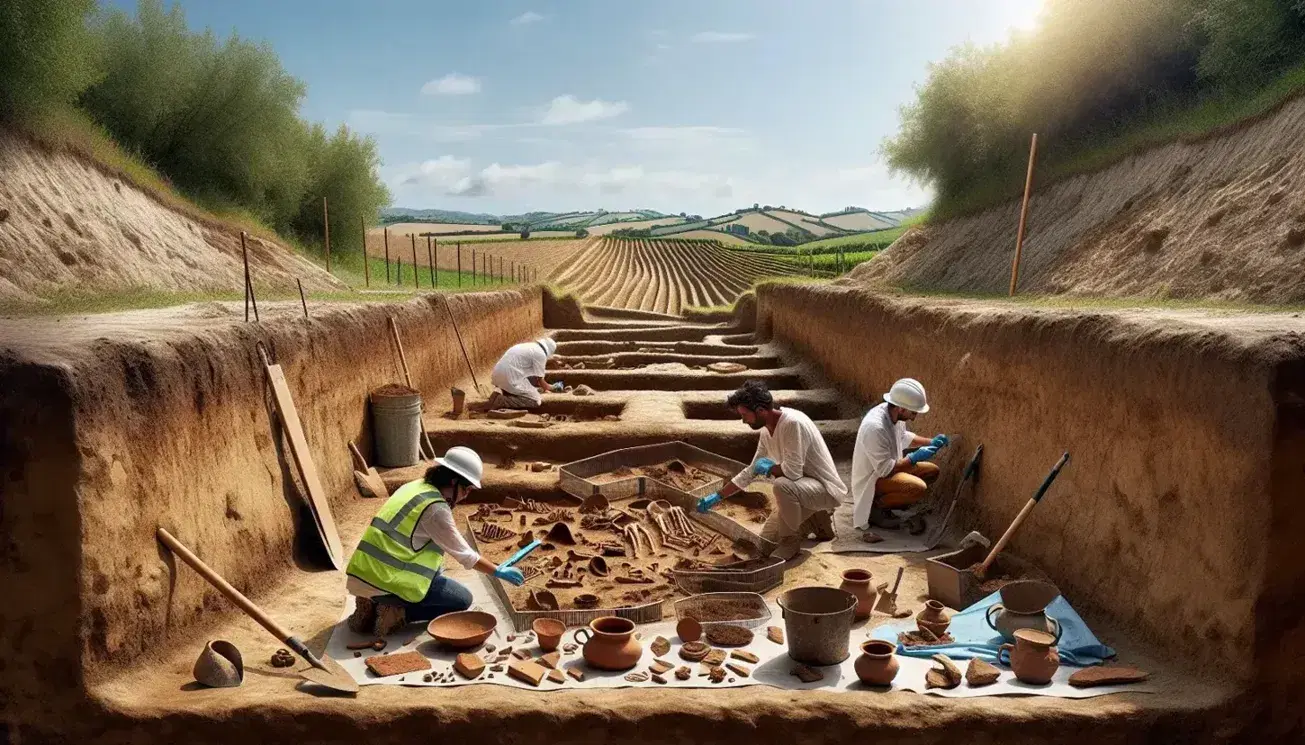 Scavo archeologico in Italia con archeologi al lavoro, reperti e strumenti in primo piano, paesaggio collinare sullo sfondo.
