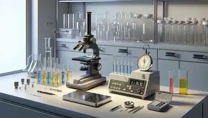 Laboratorio scientifico con microscopio nero, provette colorate, bilancia analitica digitale grigia e cronometro analogico su tavolo chiaro.