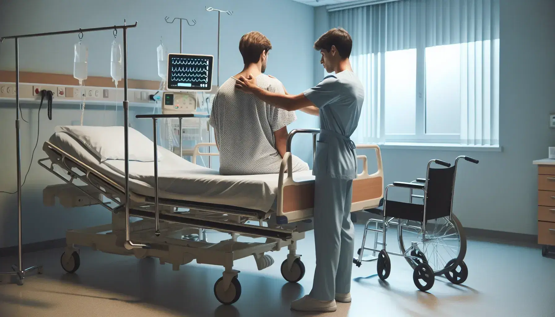 Profesional de la salud asistiendo a paciente sentado en cama de hospital para levantarse, en un entorno clínico con silla de ruedas y monitor de signos vitales al fondo.