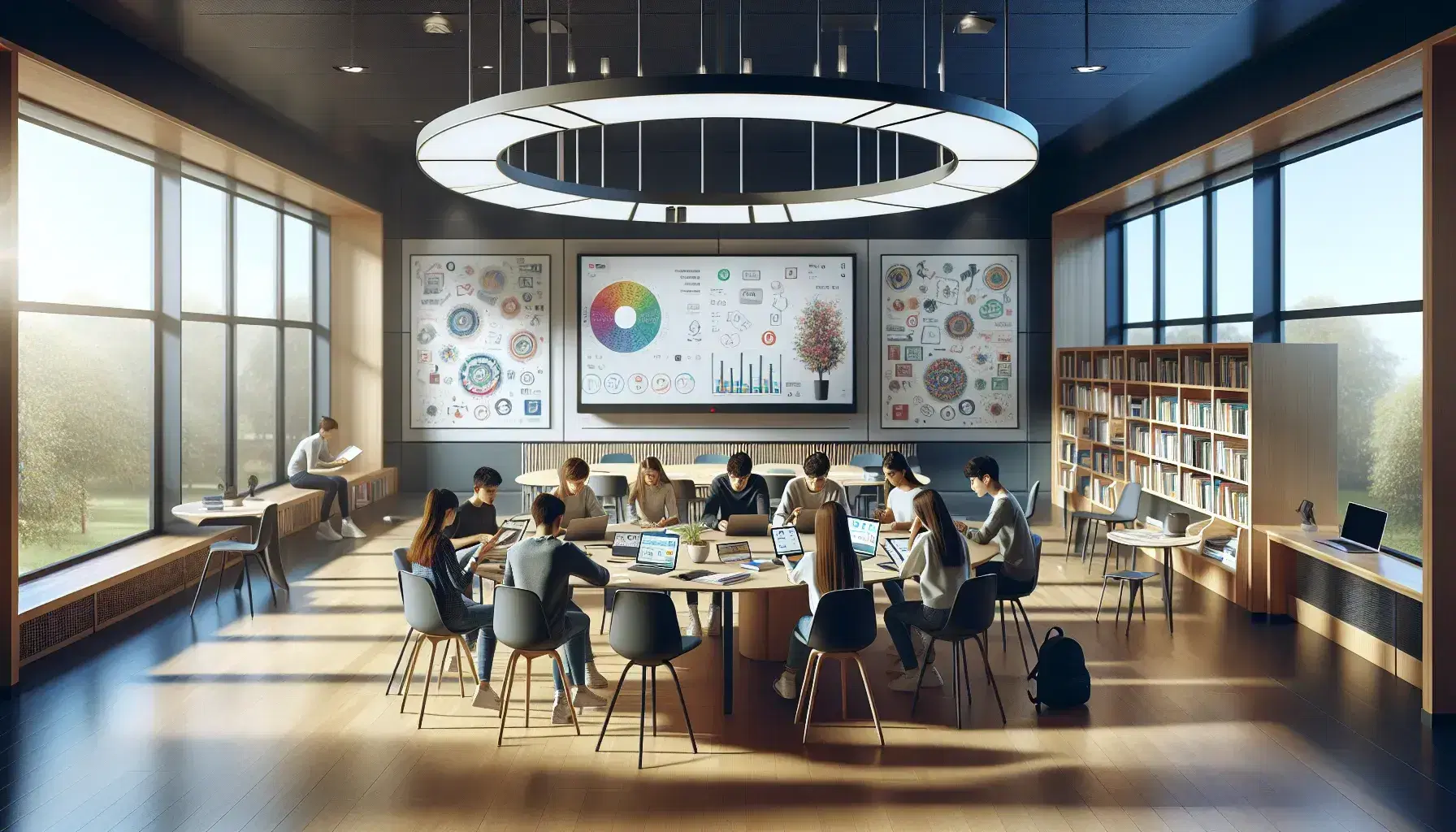 Aula moderna y luminosa con estudiantes diversos en mesa redonda, dispositivos electrónicos apagados, pizarra digital y estantería con libros.