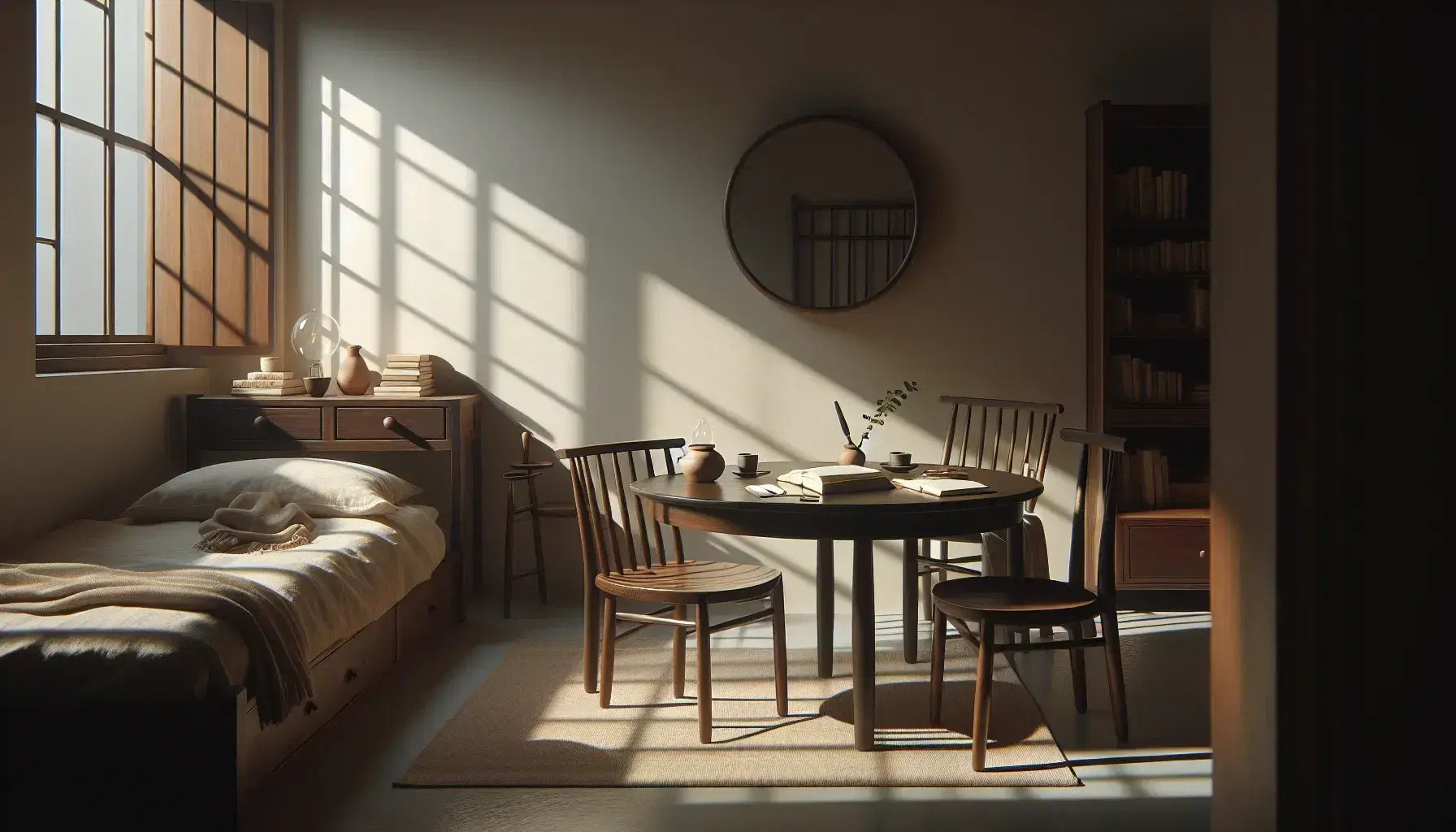 Stanza tranquilla con luce naturale, tavolo in legno, sedie, quaderno, penna, pianta, tazza vuota, libreria e letto con specchio rotondo.