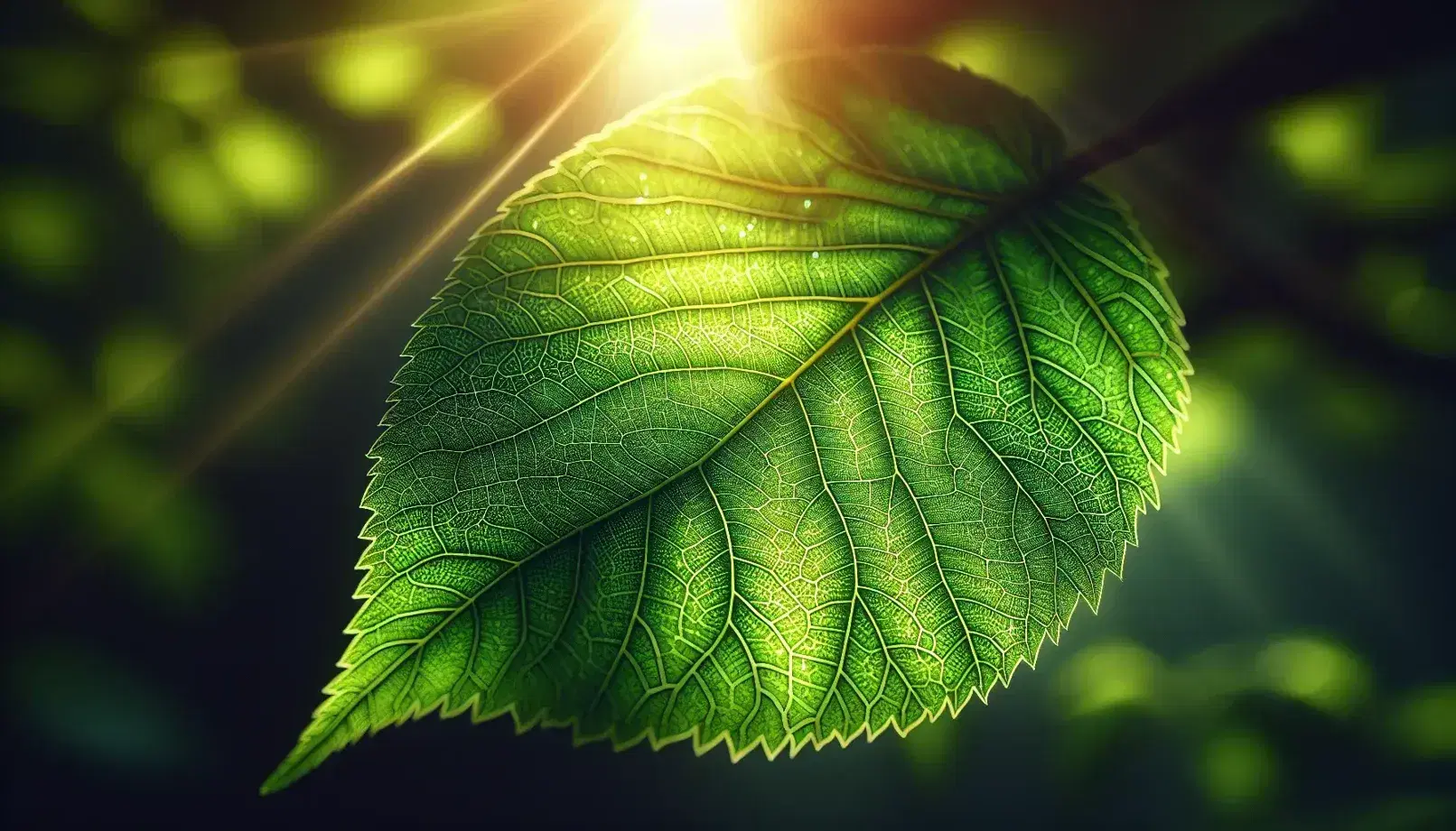 Close-up of a sunlit green leaf with a detailed vein network and water droplets, set against a softly blurred natural green background.