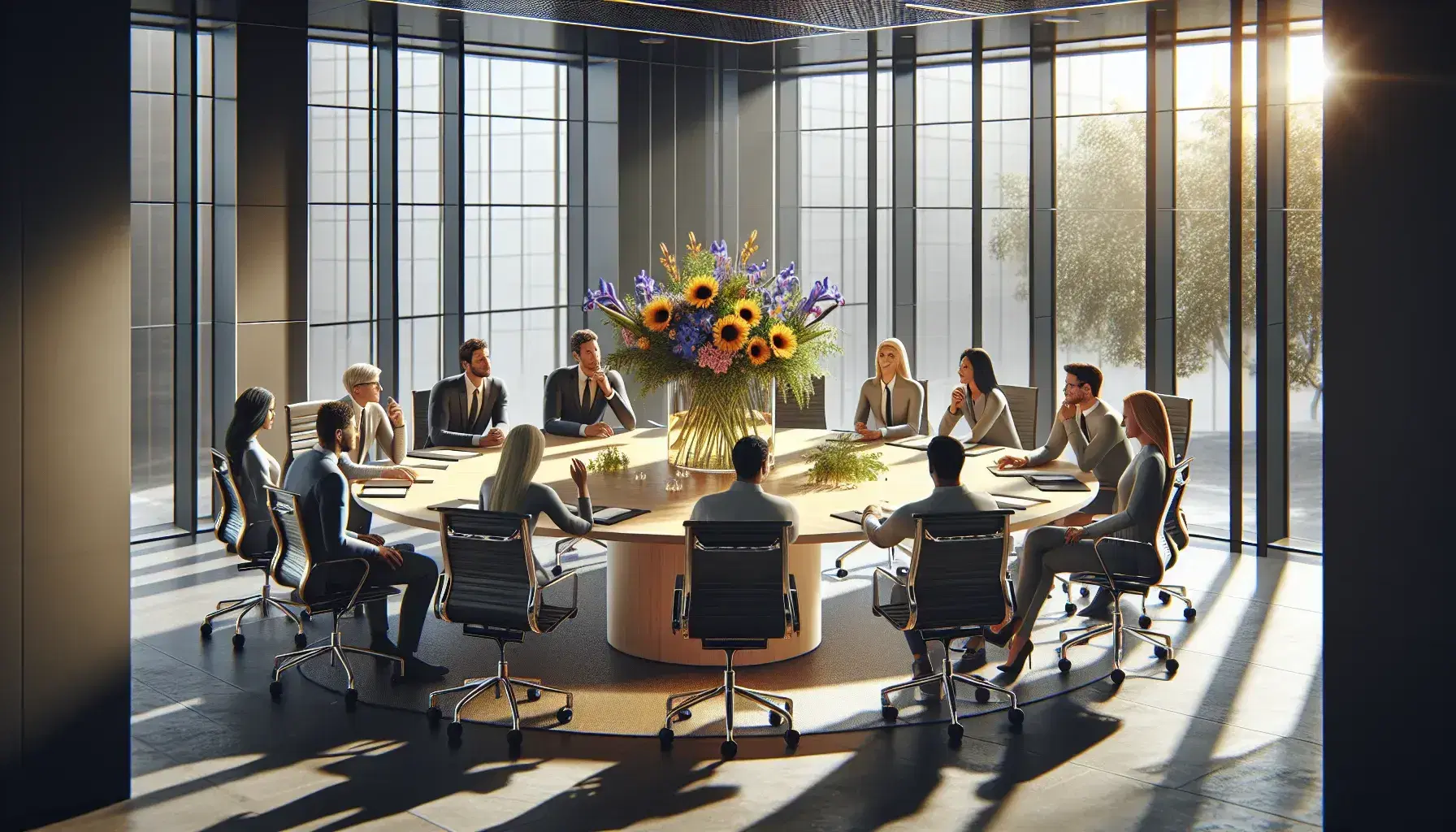 Diverse team engaging in discussion around a conference table with fresh flowers in a modern, sunlit office with art and plants.