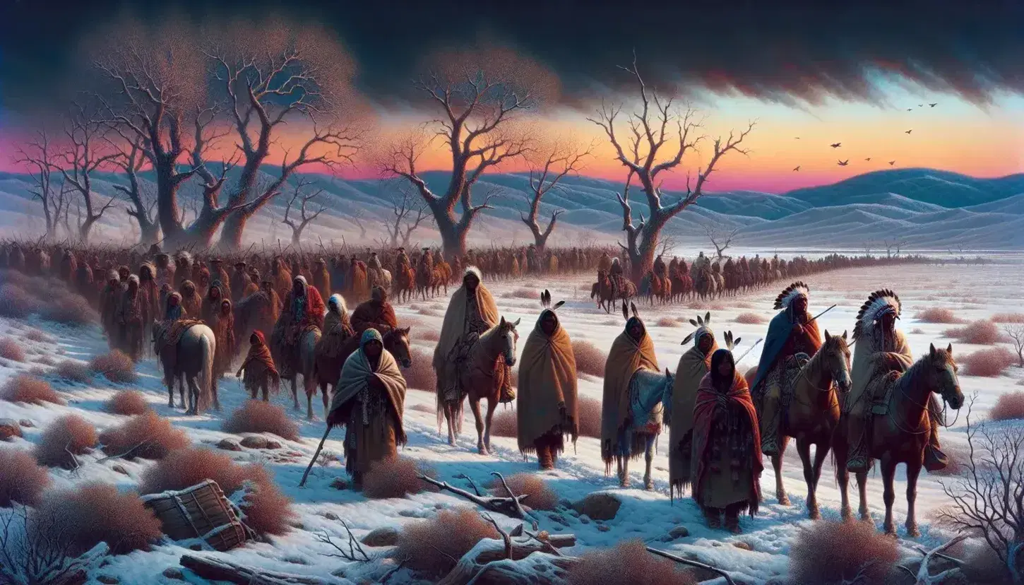 Native American group trekking through snowy field at dusk, wearing traditional and 19th-century attire, with horses carrying bundles, under a gradient winter sky.