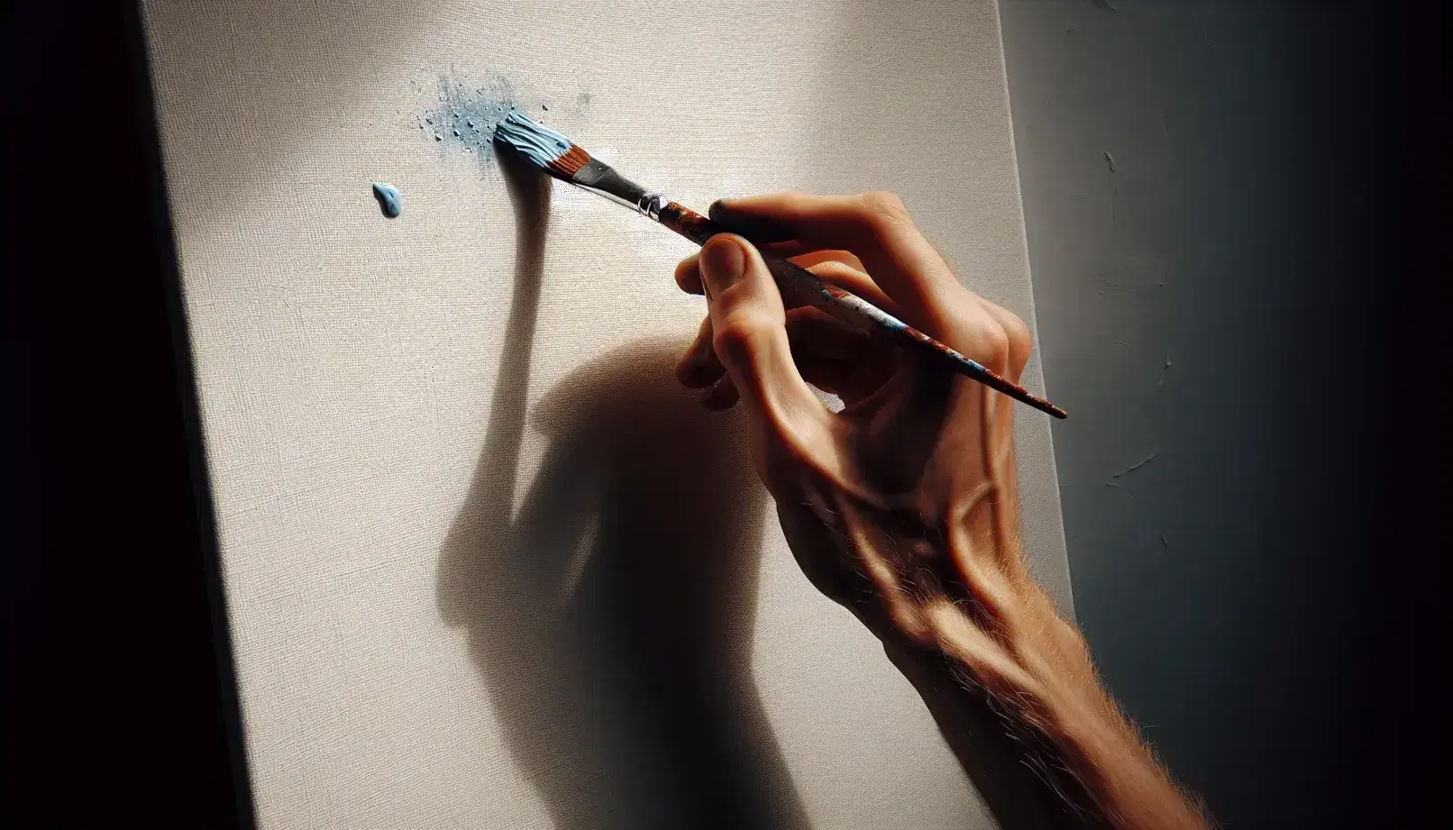 Mano sosteniendo un pincel con pintura azul iniciando una pincelada en un lienzo en blanco, destacando la textura y la iluminación suave.