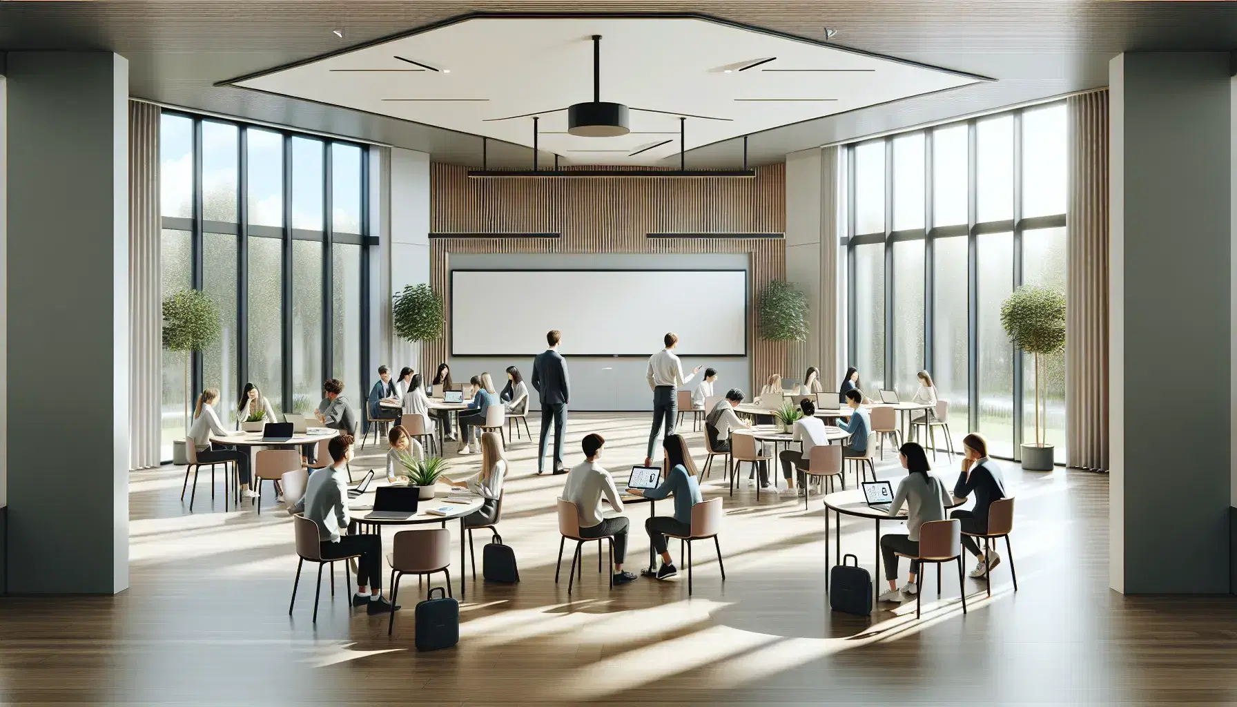 Aula amplia y luminosa con estudiantes en mesas redondas discutiendo activamente y usando portátiles, profesor atento al frente y plantas decorativas.