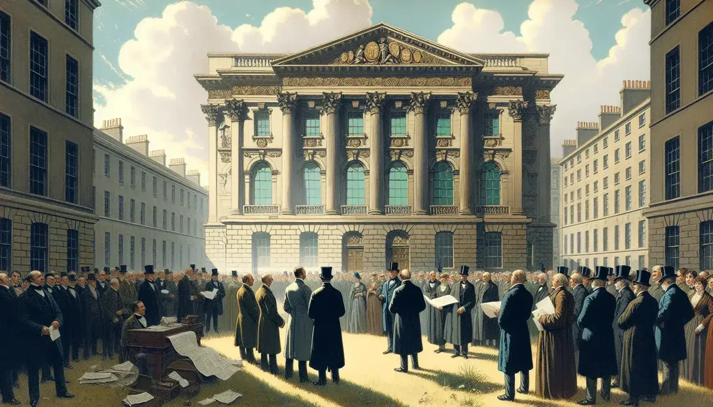 Gruppo di persone in abiti formali discute documenti davanti a edificio neoclassico con colonne, sotto cielo azzurro.