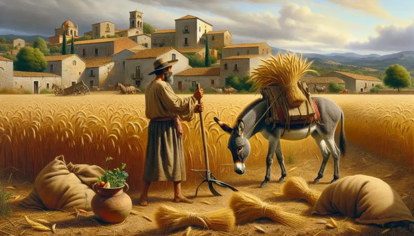 Campo di grano dorato con anziano contadino che zappa, asino grigio a riposo e attrezzi agricoli in primo piano in una scena rurale siciliana del tardo Ottocento.