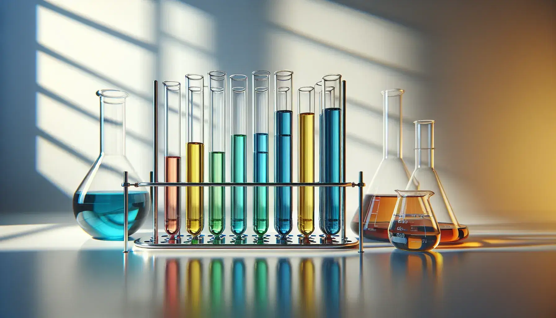 Tubos de ensayo con líquidos de colores azul, verde, amarillo y rojo en soporte metálico, junto a matraz Erlenmeyer y vaso de precipitados en laboratorio.