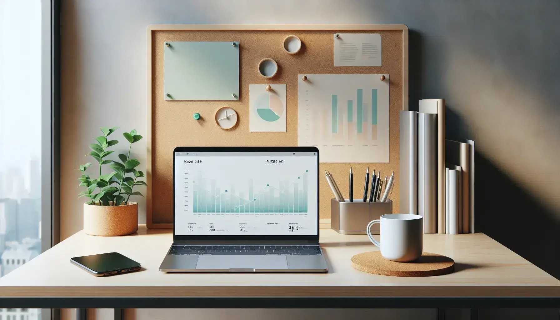 Escritorio de oficina con portátil mostrando gráficos, smartphone, corcho con notas, planta y taza de café, en ambiente iluminado y ordenado.