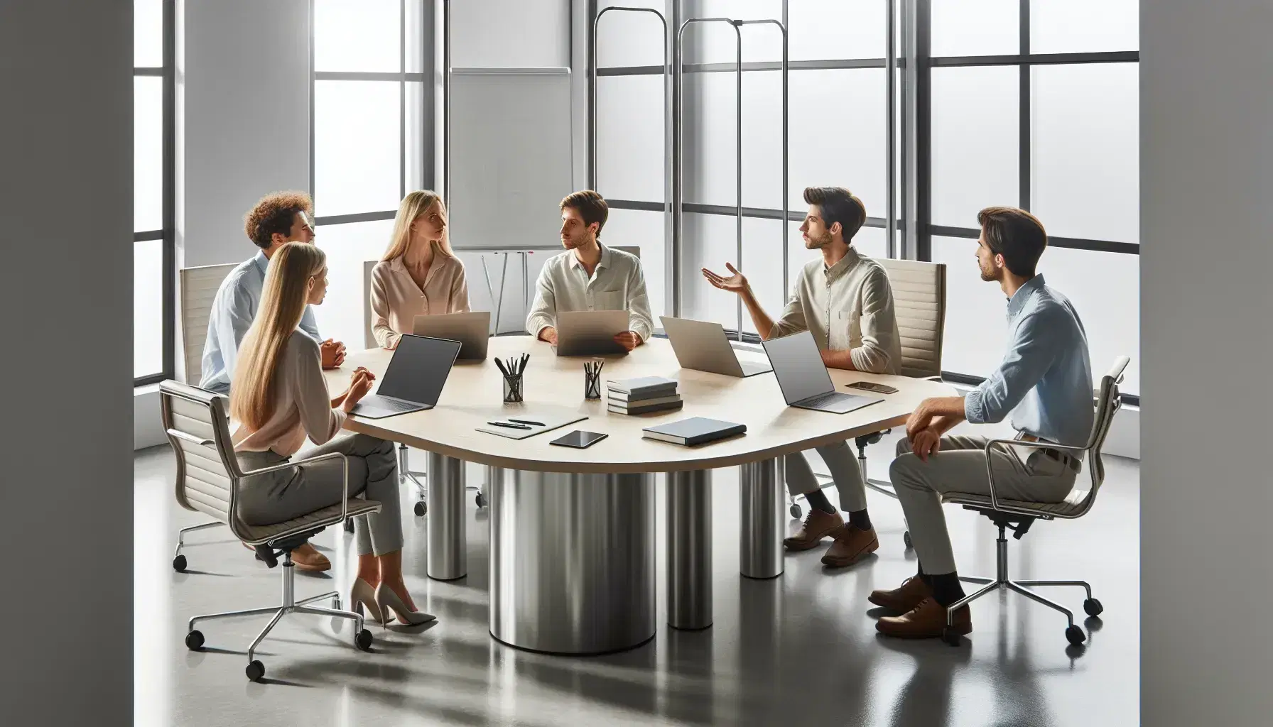Grupo de cinco profesionales trabajando en una oficina moderna alrededor de una mesa ovalada con portátiles y libretas, en un ambiente de colaboración y luz natural.