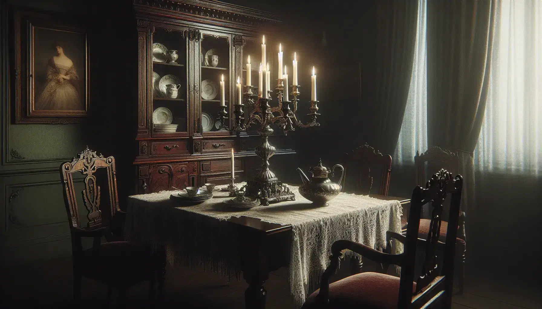Early 20th-century drawing room with dark wooden table and candelabra, red velvet chairs, cabinet with porcelain dishes, and dusk light through window.
