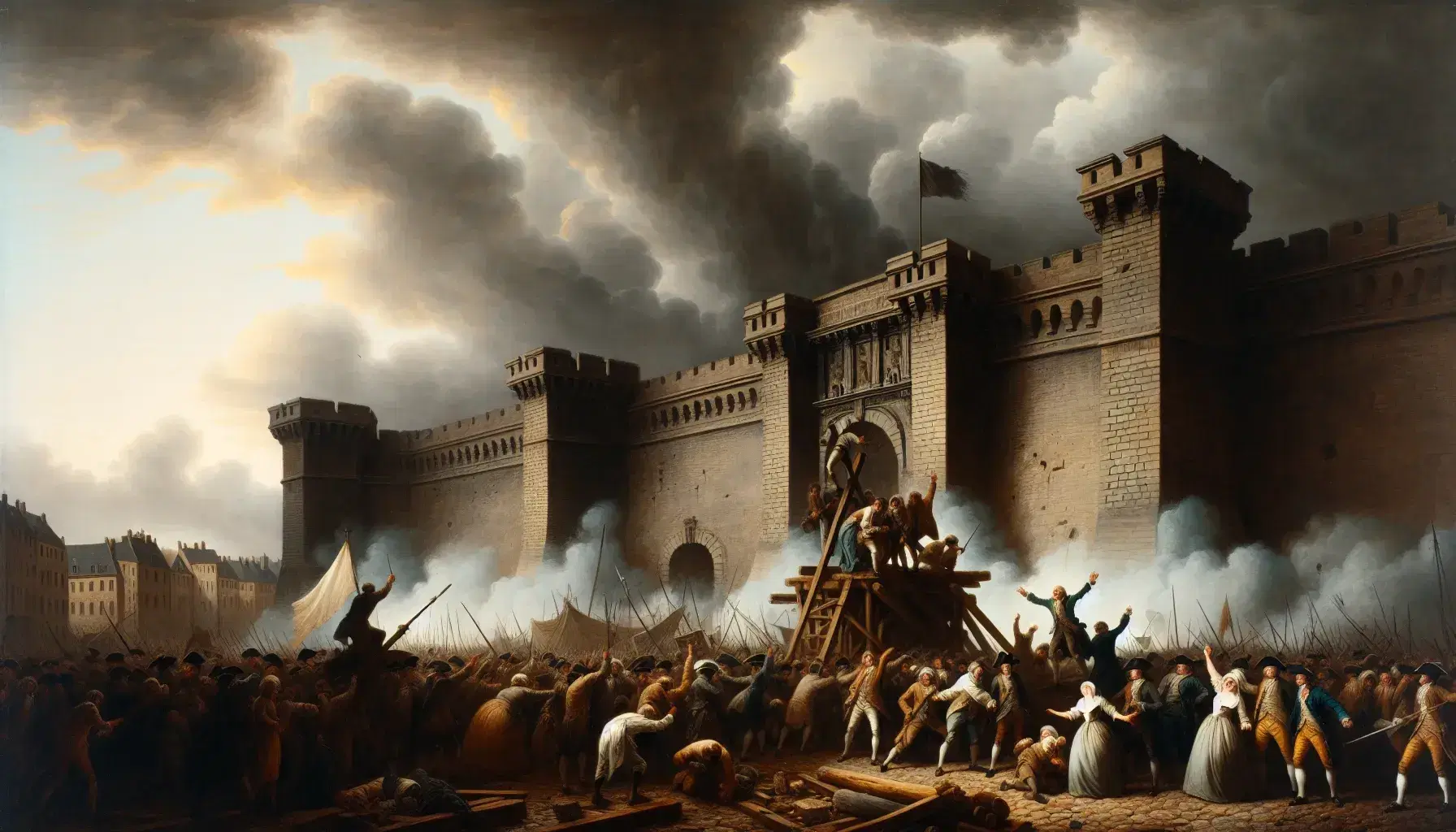 Chaotic scene in front of a stone fortress with high walls and a large gate, overcast skies and a riotous 18th century crowd with improvised weapons.