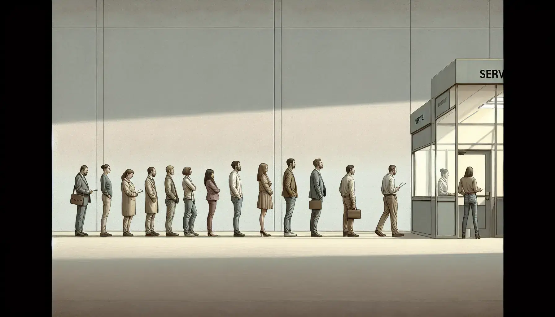 People queuing in front of a closed service counter, reflected on glass in a neutral and uniformly lit internal environment.