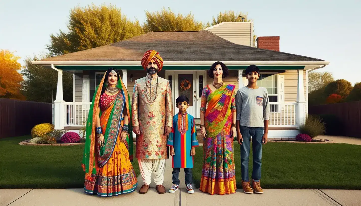 Traditional Indian family in ethnic attire stands before an American suburban home, highlighting cultural fusion against a serene backdrop.