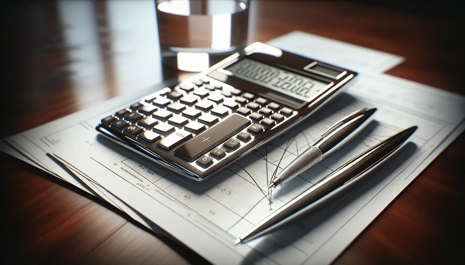 Modern calculator on mahogany desk with blank graph sketches, metallic pen, and a glass of water with condensation, suggesting a financial analysis setting.