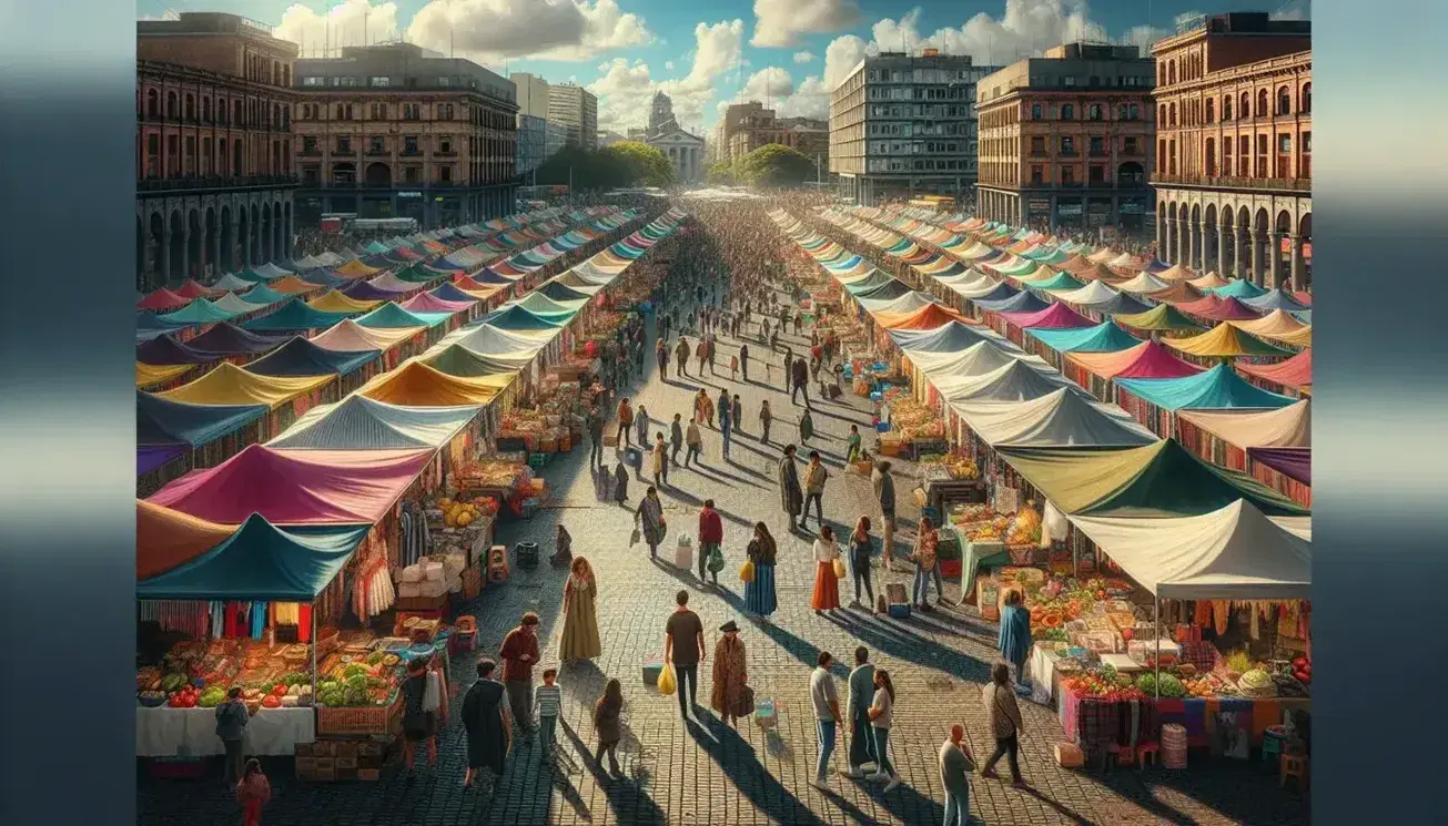 Mercato all'aperto in piazza cittadina con bancarelle colorate, persone che fanno shopping e edifici storici sullo sfondo in una giornata soleggiata.