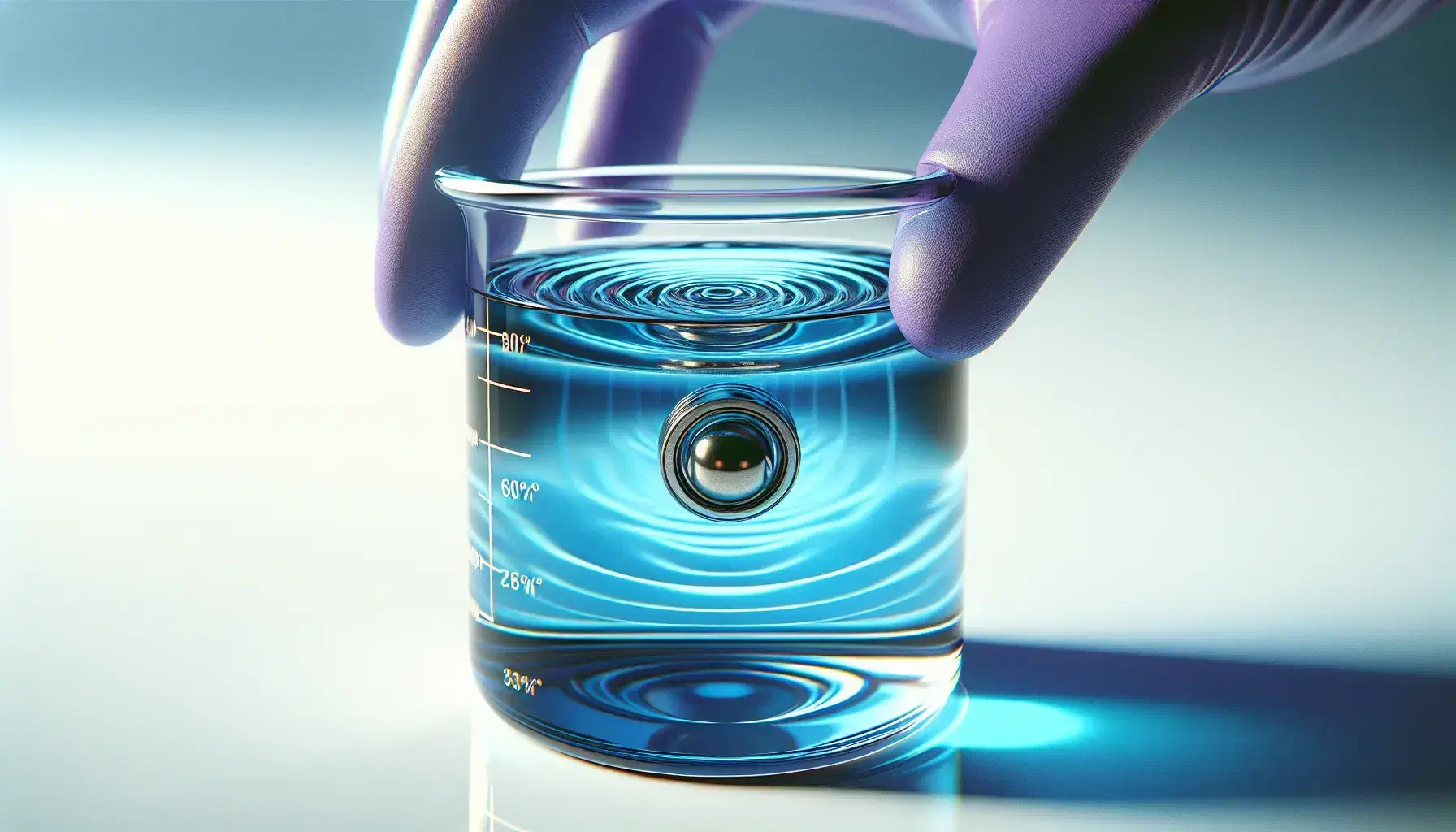 Hand in purple glove holding a beaker with blue liquid and a submerged metal ball bearing creating ripples, against a white background.