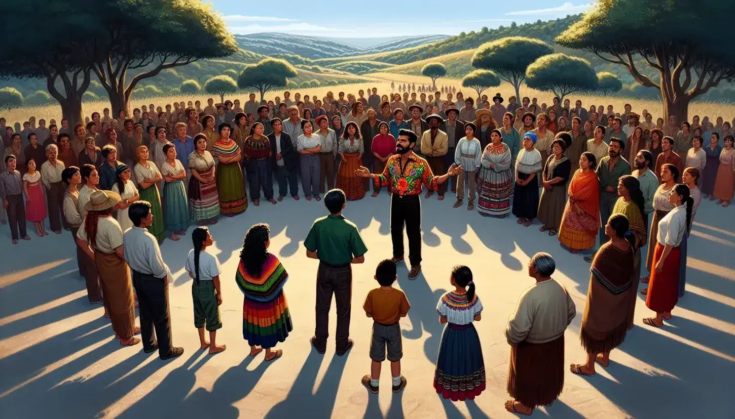 Grupo diverso escuchando a hombre hispano en paisaje natural, con vestimenta tradicional y moderna, reflejando comunidad y cultura.