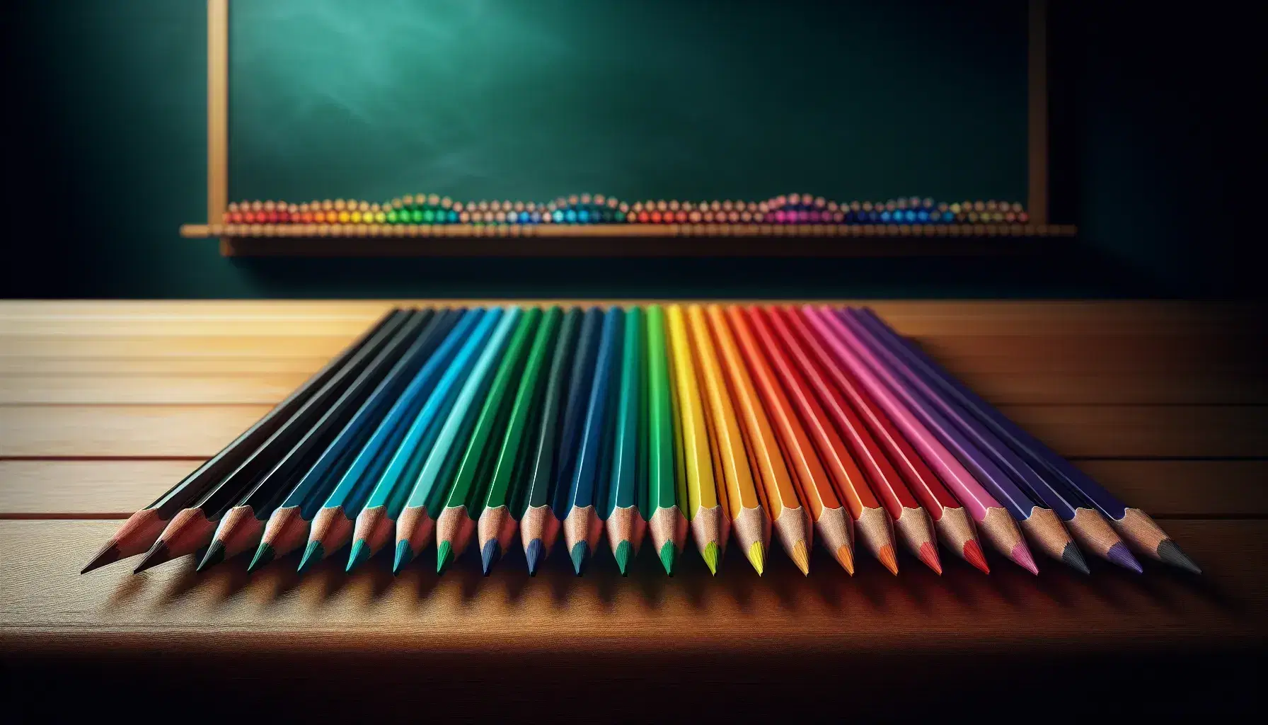 Lápices de colores alineados en orden cromático sobre superficie de madera, formando un arcoíris desde rojo hasta violeta frente a pizarra verde desenfocada.