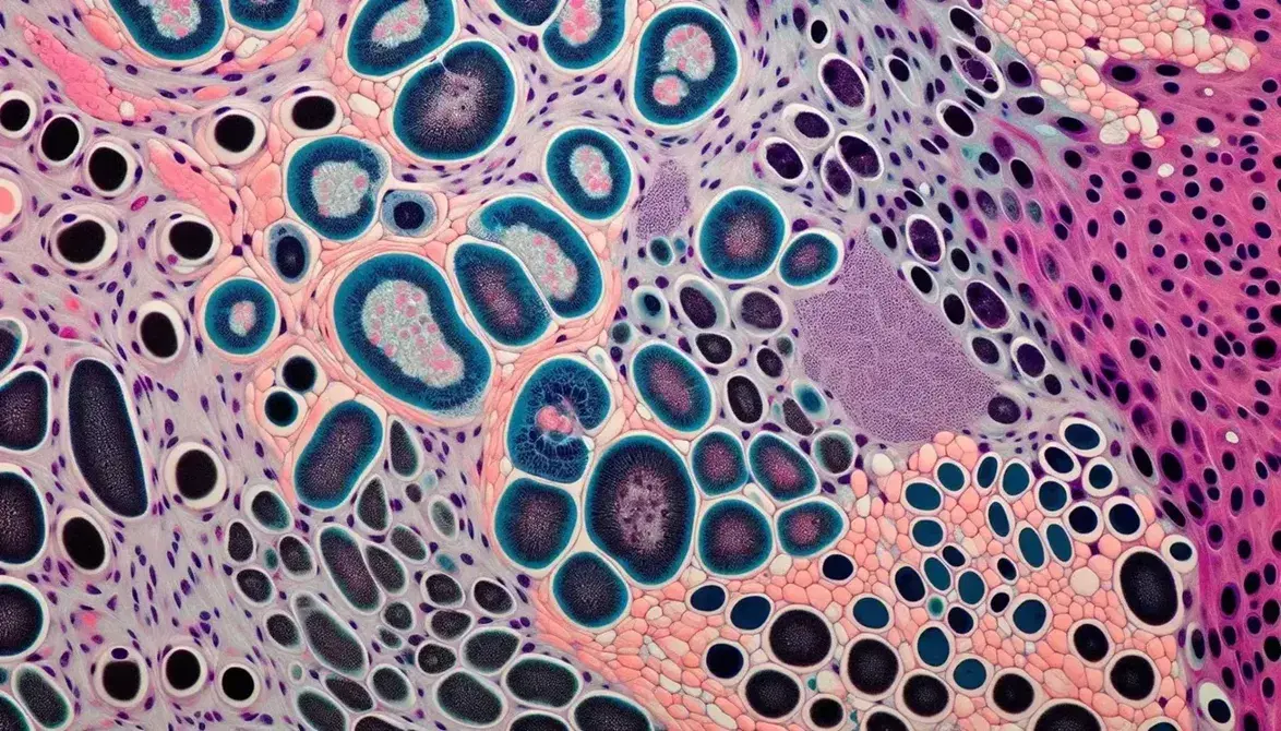 Microfotografia a colori di tessuto epiteliale ghiandolare con nuclei in blu scuro, reticolo endoplasmico e granuli secretori evidenziati.