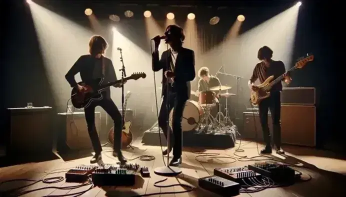 Four-piece musical group performs on an illuminated stage: singer, guitarist, bassist and drummer immersed in the performance.