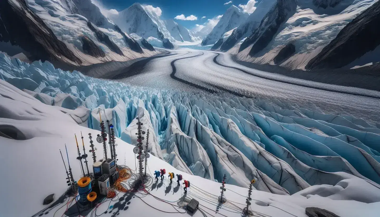 Gruppo di escursionisti con attrezzatura da montagna attraversa un ghiacciaio tra montagne innevate, con stazione scientifica e lago di fusione.