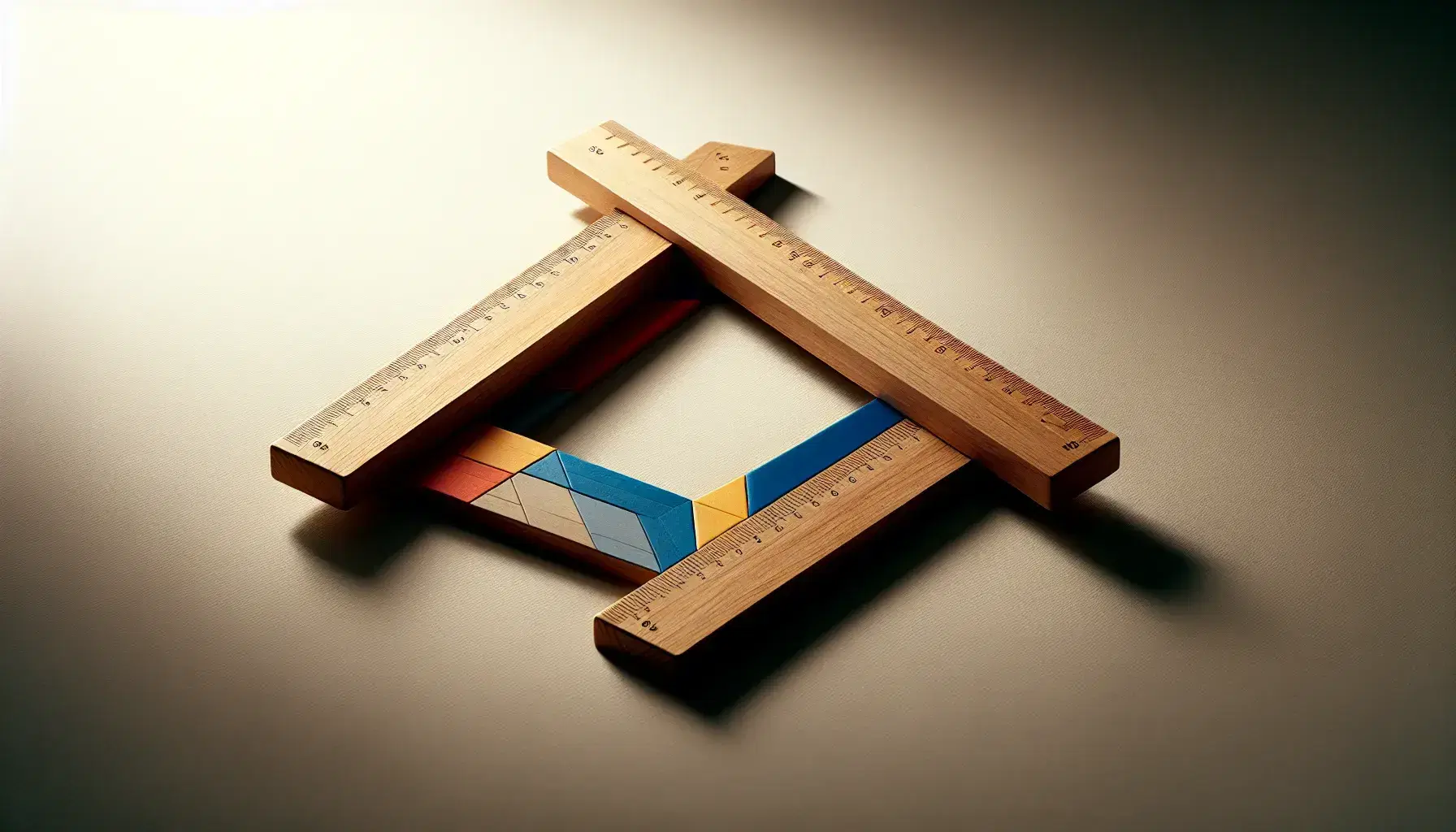 Scalene triangle formed by three wooden rulers with a blue, red, and yellow paper triangle at each corner on a light surface.