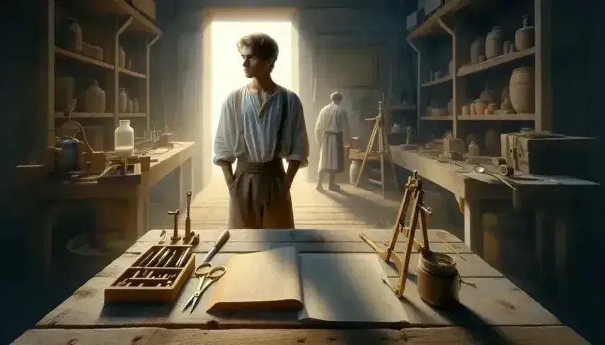 Giovane artigiano in piedi davanti a un tavolo con attrezzi vari, in un laboratorio illuminato da luce naturale.