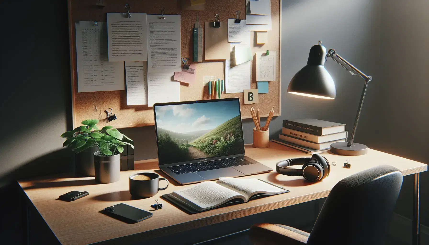 Modern study room with a central wooden desk featuring an open laptop, a book, headphones, a coffee cup, and a potted plant, illuminated by natural light and a desk lamp.