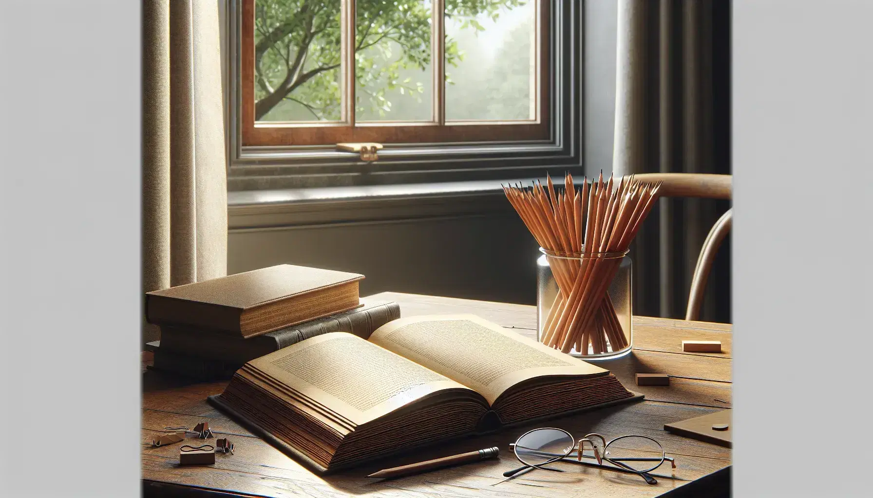 Serene study room with a wooden desk, open book, glass jar of pencils, eyeglasses, and a window overlooking a lush tree, adjacent to a book-filled shelf.