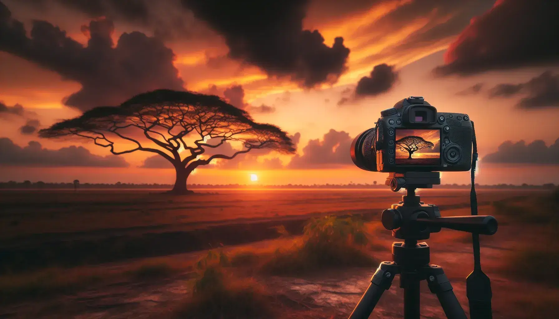 Cámara réflex digital en trípode capturando puesta de sol con árbol solitario y cielo de tonos cálidos, sin personas y enfoque en técnica fotográfica.