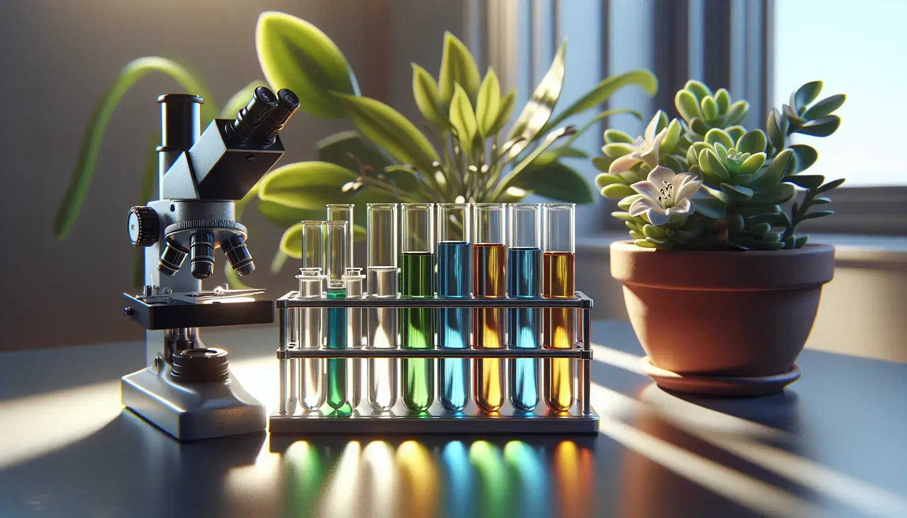 Tubos de ensayo con líquidos de colores en gradiente y microscopio en laboratorio de biología, junto a planta con flor, bajo luz natural.